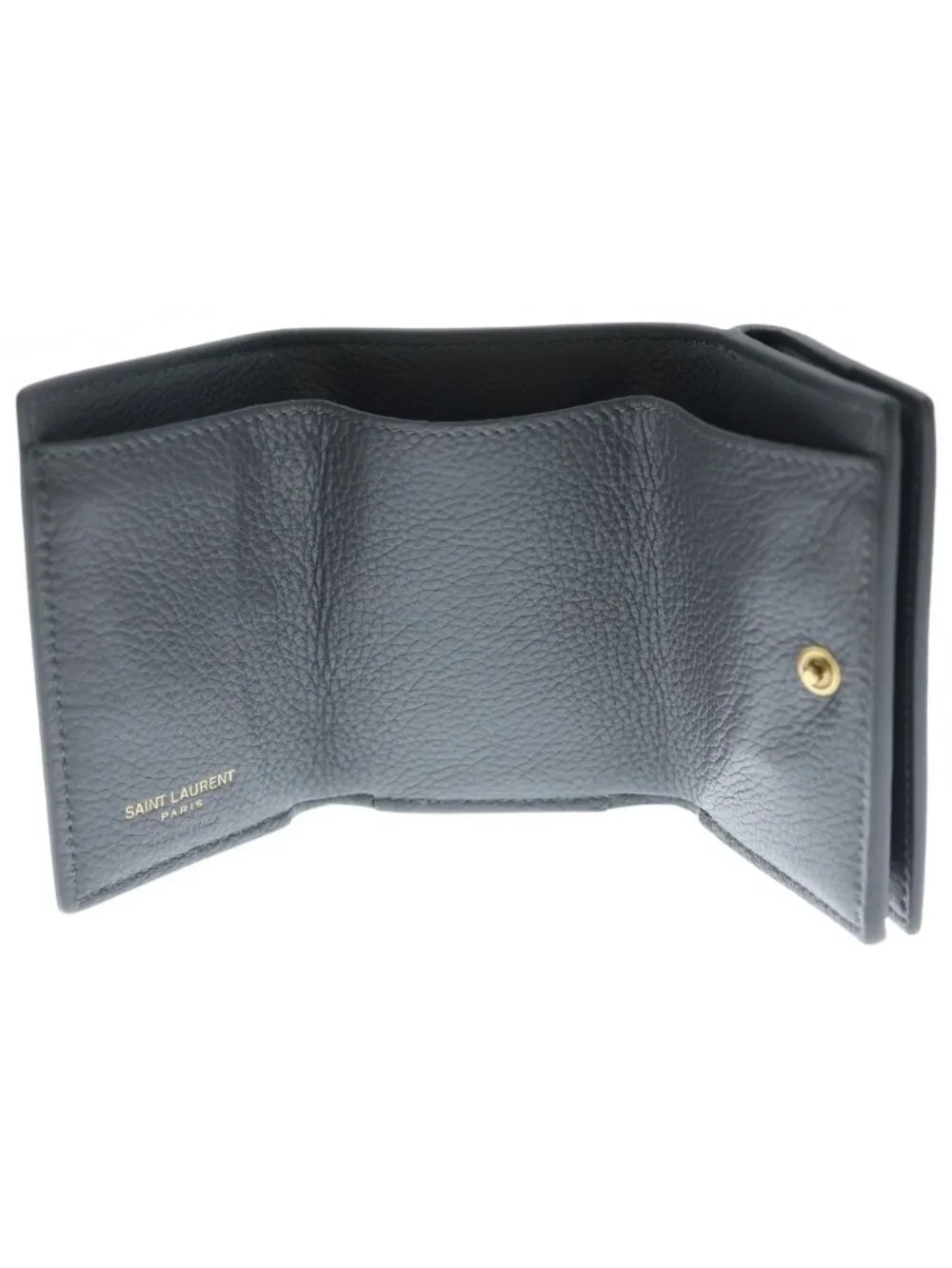 Saint Laurent Paris Trifold Wallet Compact Coin Purse Gray Leather Gold